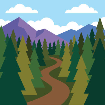 Flat illustration of winding path through forest