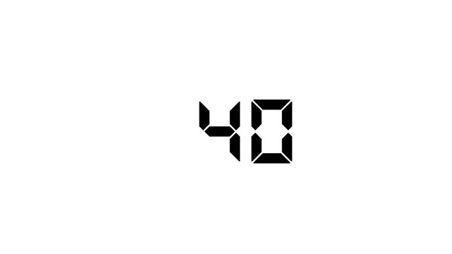 Digital countdown timer with 0 to 40 display counting down black background 4k motion video.