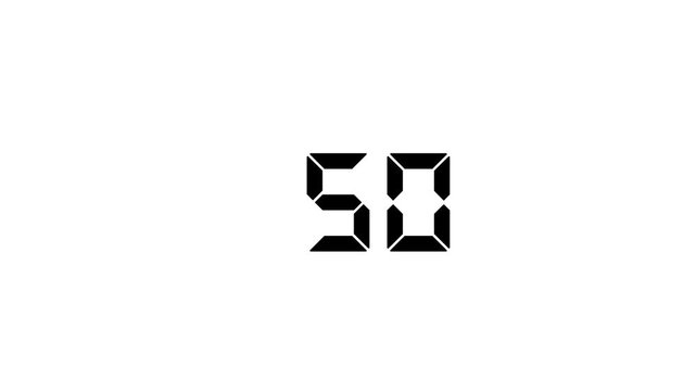 Digital countdown timer with 0 to 50 display counting down black background 4k motion video.