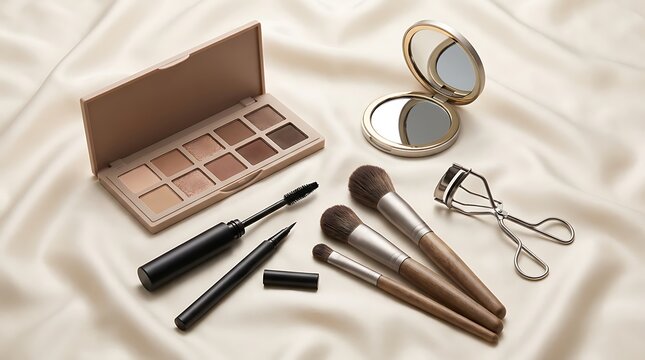 Professional makeup kit with eye shadow palette brushes mascara eyeliner and eyelash curler tools. beginner eye makeup