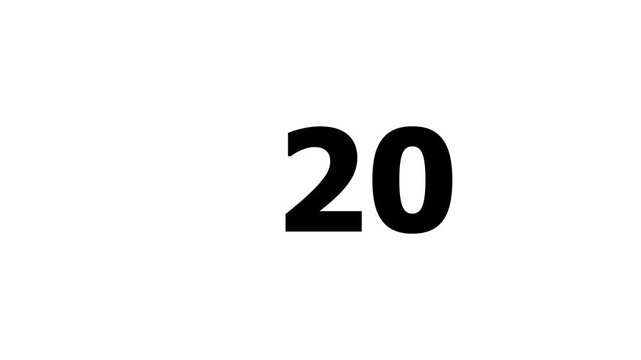 Digital countdown timer with 0 to 20 display counting down black background 4k motion video.