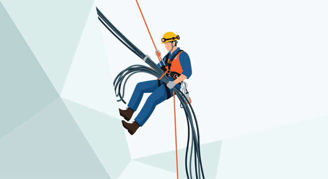 Professional industrial climber wearing safety harness and helmet rappelling down a wall with many black cables.