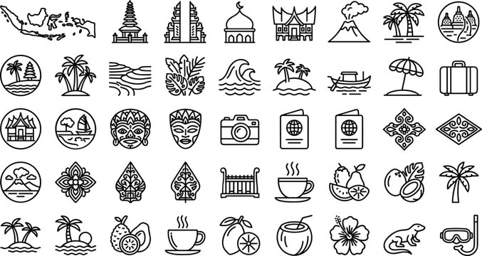 Large Vector Collection of Indonesia Travel Line Art Icons Featuring Bali Temples Komodo Dragons Wayang Puppets and Tropical Beach Tourism Symbols for Mobile Navigation