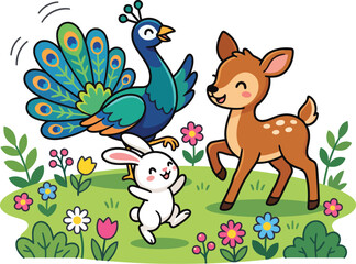 Fototapeta premium Happy Cartoon Peacock Fawn and Bunny Together in a Spring Flowery Meadow