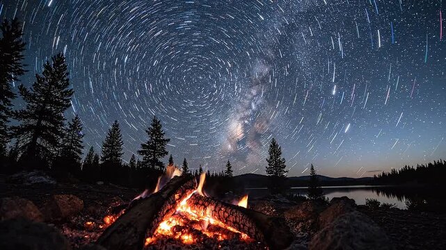 Campfire flames flicker against a starry night sky, showcasing the Milky Way and swirling stars over a tranquil lake surrounded by evergreen trees