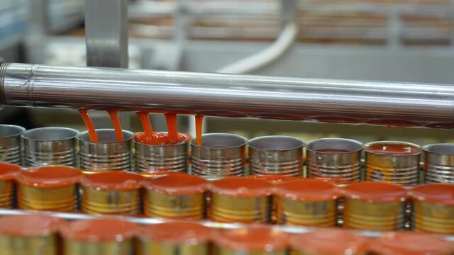 Automated industrial food canning production line in a factory, Machinery for filling and sealing metal cans in food processing plant, Industrial manufacturing equipment in modern canning facility