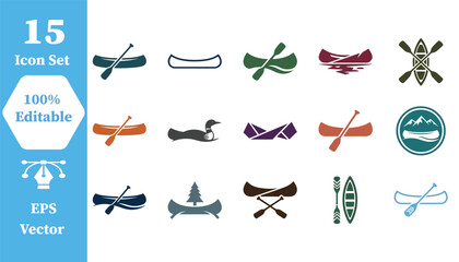 Set of 15 canoe rowing boat adventure icons with adventure paddling recreation © Abu Sufian