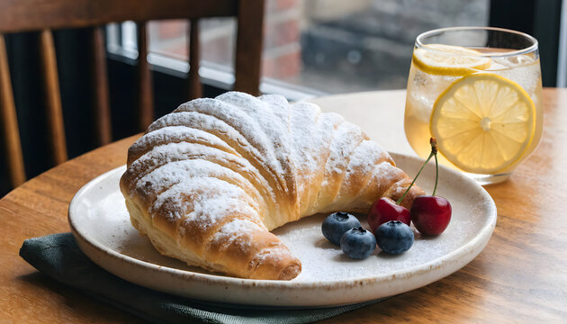Golden flaky croissant topped with powdered sugar served beside fresh berries with accompanied cherries blueberries blueberries glass lemonade