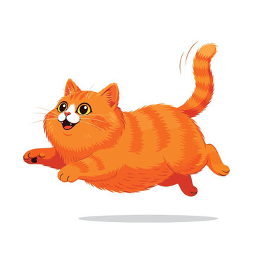 Energetic orange tabby cat jumping or pouncing in a dynamic cartoon style, isolated on a white background, of a playful pet