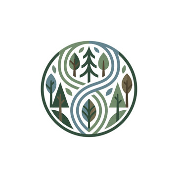 Geometric forest and path circular landscape emblem.