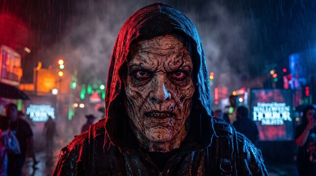 Halloween Horror Nights, A close-up of a menacing figure wearing a hyper-realistic weathered latex mask with intricate skin pores and cracks