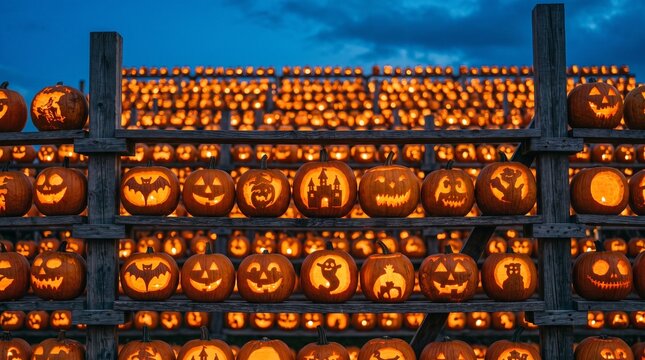 Keene Pumpkin Festival, Close-up of a massive vertical wooden scaffold wall densely packed with hundreds of uniquely carved Jack-o'-lanterns