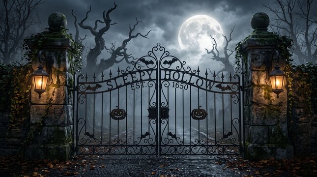 Sleepy Hollow Halloween, An ornate wrought iron gate of a colonial New England estate shrouded in heavy mist, antique lanterns hanging from mossy stone pillars
