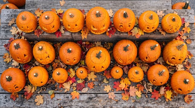 Keene Pumpkin Festival, a rustic wooden table featuring an array of intricately carved pumpkins with various facial expressions
