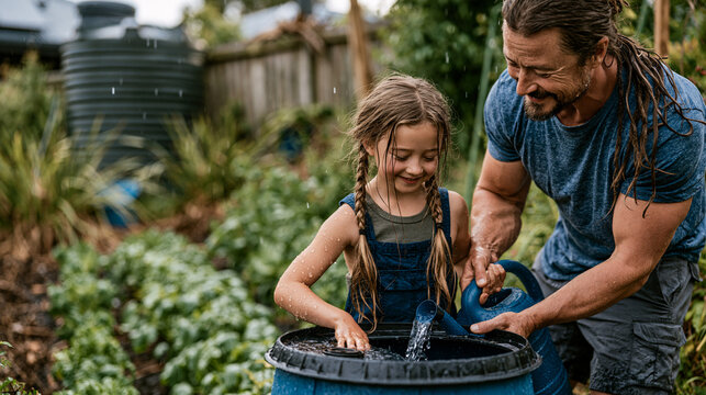 Father and daughter watering plants in garden using rain barrel. Child and man learning how to care for vegetable patch together. Sustainable lifestyle and family gardening activity.