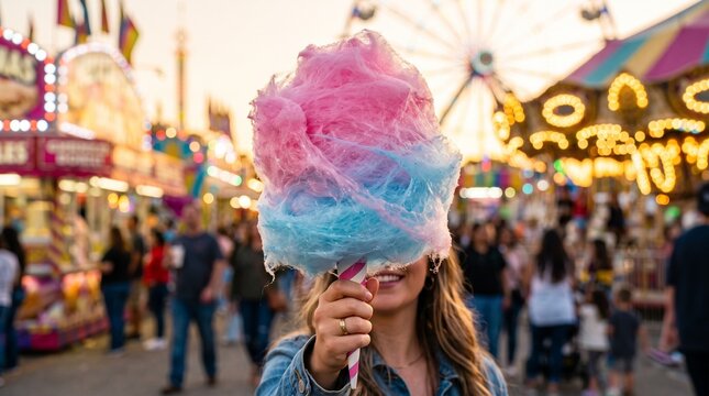 Georgia State Fair, Close-up of a massive, fluffy pink and blue cotton candy cone held against a blurred background of carnival lights