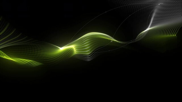 4K 60 FPS Abstract Green Digital Particle Wave Background Animation, Futuristic Data Mesh with Glowing AI Technology Lines for Motion Graphics
