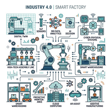Conceptual illustration of a smart factory featuring automation, robotics, and artificial intelligence for Industry 4