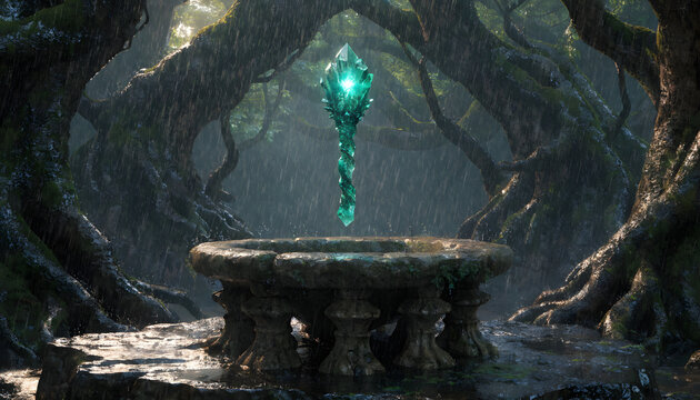 Glowing emerald crystal wand levitating above ancient stone pedestal within dark rain drenched enchanted forest with staff hovering mysteriously