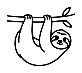 Obraz premium Cute sloth hanging from branch vector icon with minimalist line art design for scalable graphics and illustrations
