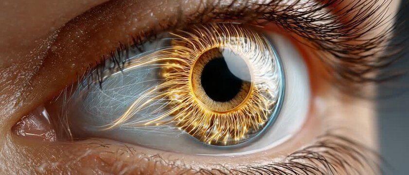 Golden Eye Reflection: A striking macro shot captures the intricate detail of a human eye, its iris a swirling golden hue, reflecting a world of possibility and wonder.