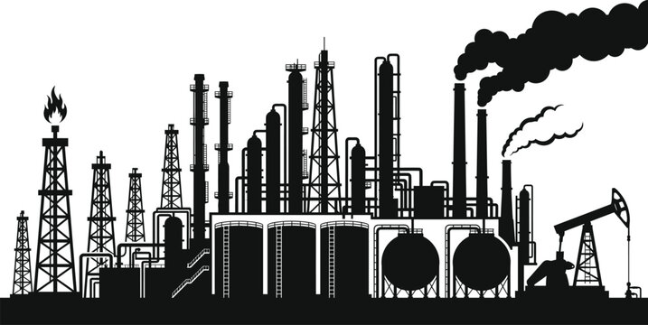 High-Contrast Minimalist Industrial Oil Refinery Complex Silhouette Vector