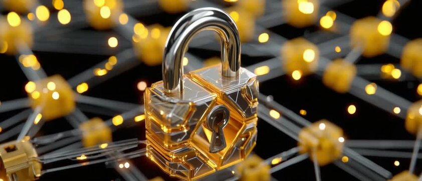 Secure Digital Network: A gleaming padlock sits at the heart of a glowing, interconnected digital network, symbolizing data security and technological protection in a modern, abstract illustration.