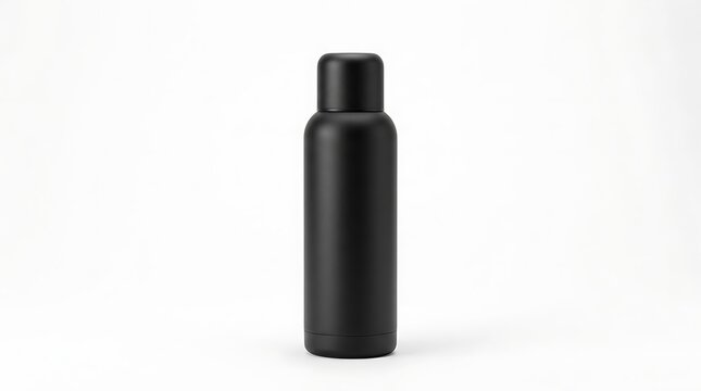 A sleek matte black reusable water bottle for sports fitness and daily hydration needs mockup. spill proof flasks