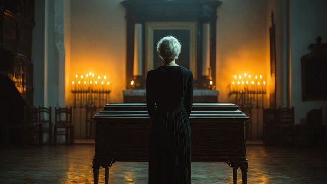 senior woman stands in front of a coffin at a funeral in the church decorated with candles animation