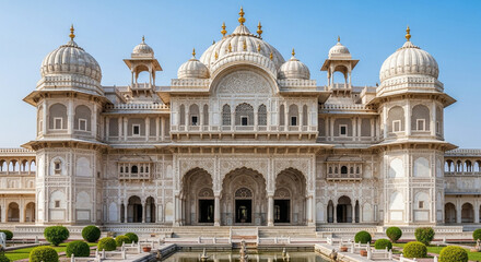 Fototapeta premium Ornate White Marble Palace, India, Architecture, Summer Day, Blue Sky