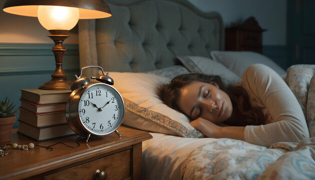 Young woman sleeping peacefully beside vintage alarm clock on bedside table in bedroom at night with sleeping soundly bed glowing lamp bedside