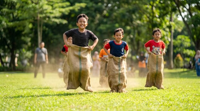 Group of children competing in sack race on grass.