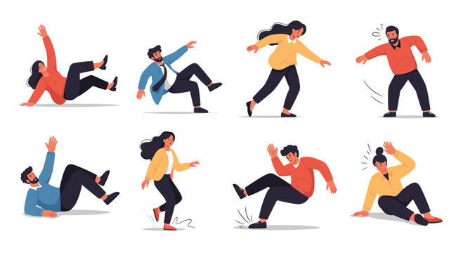 Collection of diverse people in various poses of slipping, tripping, and falling down, representing accidents and loss of balance.