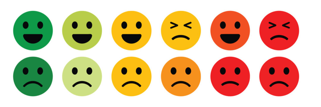 Emoticons, flat style emoji faces with happy, smiling, neutral, sad, and angry expressions, colorful facial icon set, vector illustration, isolated on transparent background.