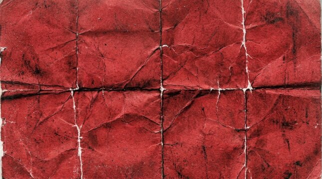 Distressed red folded paper texture with cracks, creases and grunge details for abstract backgrounds