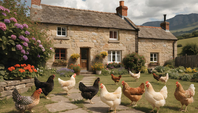 Flock of chickens roaming freely outside charming stone cottage surrounded by vibrant garden flowers with front traditional rustic group chickens foraging