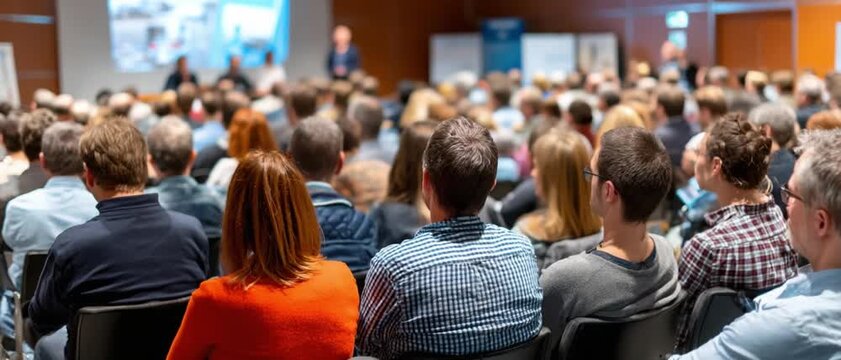 Conference Audience Engagement: A large audience attentively watches a speaker at a business conference, with presentation slides projected on a screen in the background.