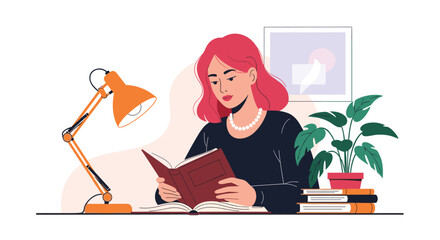 Fototapeta premium Young woman with pink hair focused on reading an interesting book at a desk under a warm orange lamp at night in her home.