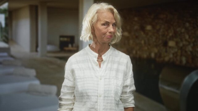 Woman in white shirt with hand covering mouth and raised fist gesture, visible bracelets and face visible in contemporary building lobby; amusement.