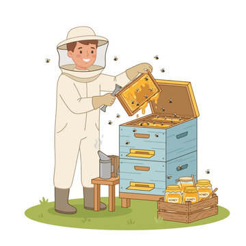 Beekeeper in protective suit harvesting fresh honey from hive vector illustration