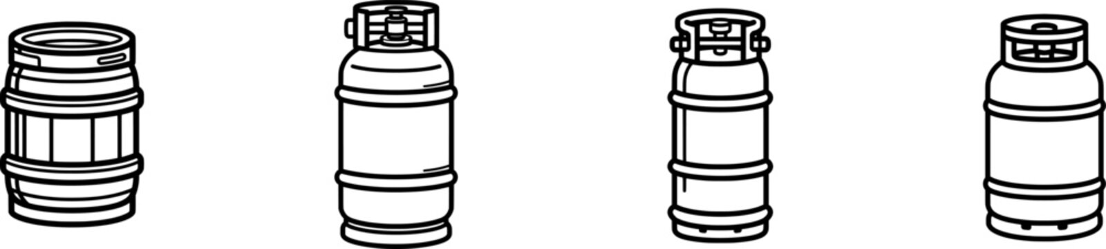 A minimalist black outline icon of a pressurized cylindrical metal keg, thick uniform lines, isolated on pure white background with no shadows, in a flat vector style