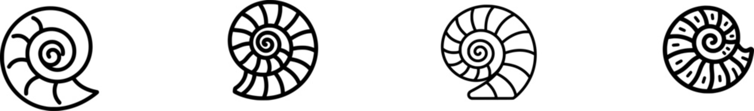A minimalist black outline icon of an ancient spiral shell fossil, with thick uniform lines against a pure white background, exudes a sense of timelessness and simplicity