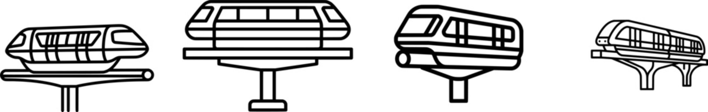 A sleek monorail train icon in a minimalist flat design, floating above an elevated track on a pure white background
