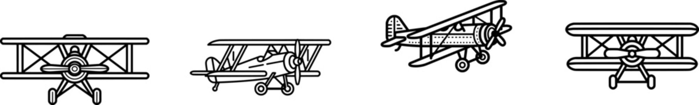A classic biplane icon with a vintage design features two wings and an open cockpit, rendered in a minimalist, flat vector style against a pure white background