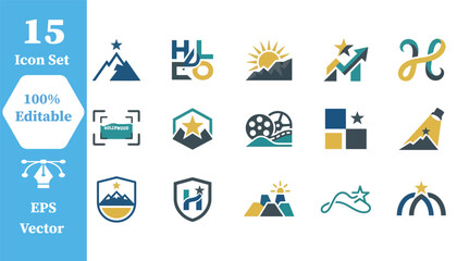 Fototapeta premium Set of fifteen mountain peak and landscape adventure icon symbols with mountain
