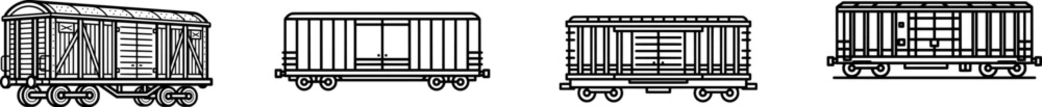 A minimalist black outline freight boxcar with closed doors stands isolated on a pure white background