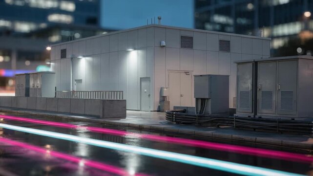 Evening medium shot of telecom hub exterior with sharp clarity on fiberfed central office building against softly blurred streetside cabinets and wet pavement reflecting colorful