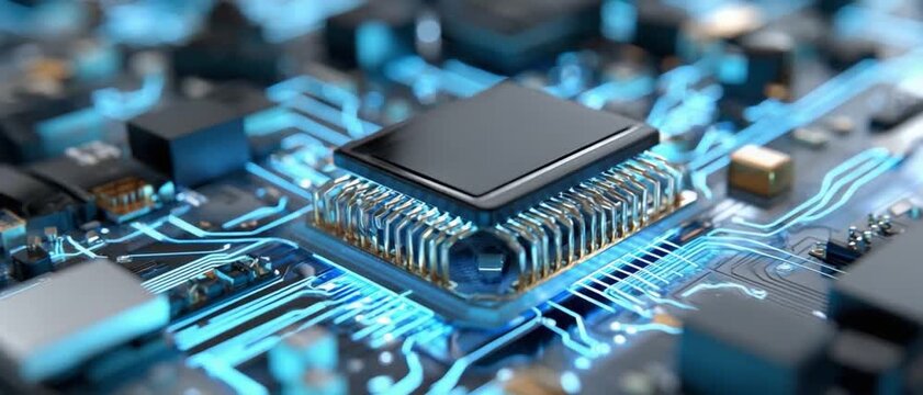 Close-up of a Microchip: A detailed macro view of a central processing unit (CPU) chip on a vibrant blue circuit board, showcasing intricate pathways and electronic components.