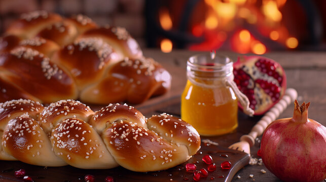 Rosh Hashanah Jewish Holiday Bakery Still Life With Challah Bread Honey And Pomegranate