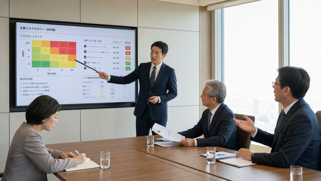Businessman presenting risk report heatmap in office meeting